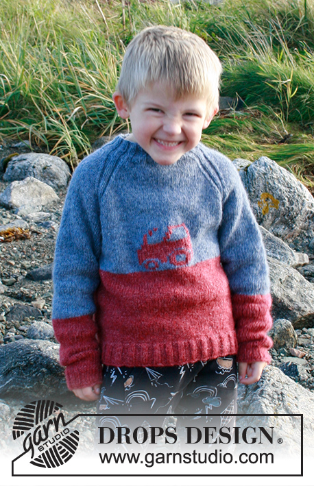 Tiny Trucker / DROPS Children 34-15 - Knitted jumper with raglan and embroidered tractor for children in DROPS Sky. Sizes 2-12 years.