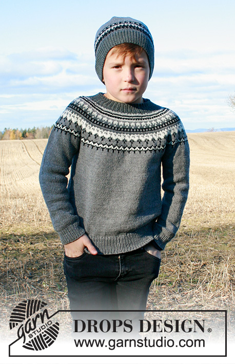 Dalvik / DROPS Children 34-18 - Knitted sweater for children in DROPS BabyMerino. The piece is worked top down with round yoke and Nordic pattern. Sizes 2-12 years. Knitted hat for children in DROPS BabyMerino with Nordic pattern.
