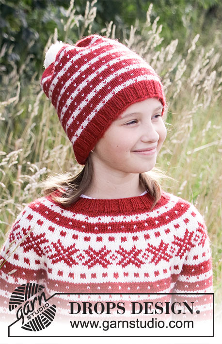 Candy Cane Lane Hat / DROPS Children 34-33 - Bonnet tricoté pour enfant, avec jacquard nordique Fana, en DROPS Karisma. Du 3 au 14 ans