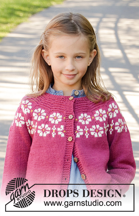Daisy Delight Cardigan / DROPS Children 34-5 - Knitted jacket for children in DROPS Merino Extra Fine. DROPS Lima or DROPS Cotton Light. The piece is worked top down with flowers, coloured pattern, garter stitch and stocking stitch. Sizes 3-12 years.