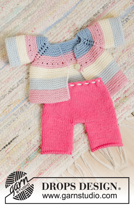 Daytime Cora / DROPS Children 35-13 - Knitted jacket and trousers for dolls in DROPS Merino Extra Fine. The piece is worked top down. The jacket has raglan, garter stitch and stripes; The trousers are worked in stocking stitch.