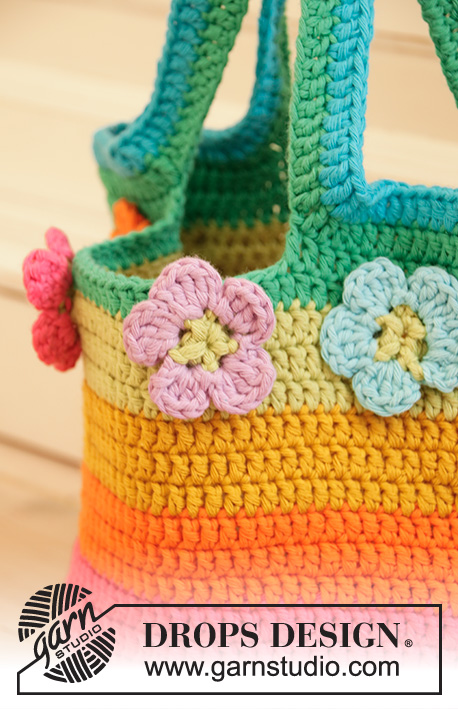 Flower Market Bag / DROPS Children 35-6 - Crocheted bag for children in DROPS Paris. The piece is worked in the round, bottom up, with stripes and flowers.