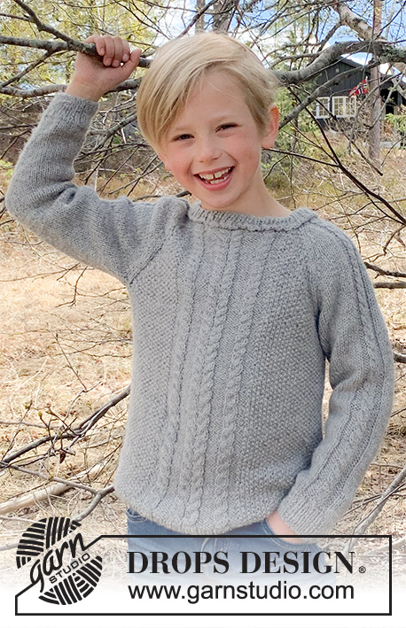 Cable Road / DROPS Children 37-10 - Knitted sweater for children with cables and raglan in 2 strands DROPS Alpaca. Size 3-12 years
