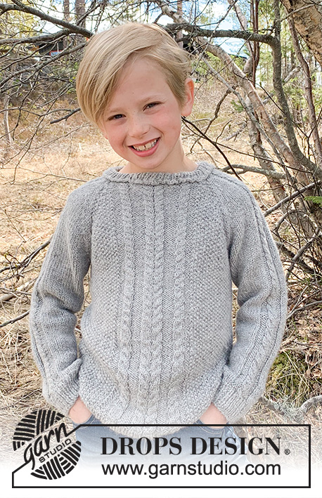 Cable Road / DROPS Children 37-10 - Knitted sweater for children with cables and raglan in 2 strands DROPS Alpaca. Size 3-12 years