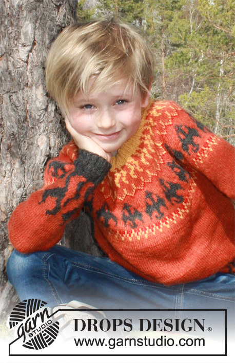 Dragon's Play / DROPS Children 37-11 - Sweter dziecięcy na drutach ze smokami i płomieniami z włóczki DROPS Alpaca. Od 3 do 12 lat
