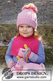 Rainbow Unicorn Set / DROPS Children 37-16 - Gorro e peitilho tricotados para criança, em ponto jarreteira e canelado, em DROPS Merino Extra Fine.