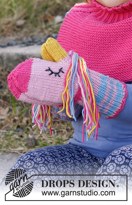 Rainbow Unicorn Mittens / DROPS Children 37-17 - Knitted unicorn mittens for children in DROPS Merino Extra Fine. Size 1 - 6 years