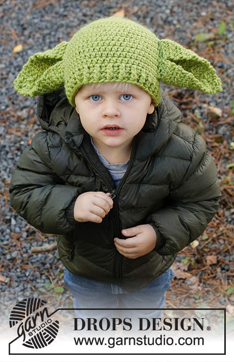 Green Ears / DROPS Children 37-23 - Cappello per bambini con grandi orecchie lavorato all’uncinetto in DROPS Snow. Taglie: 1 - 8 anni. Tema: Halloween.