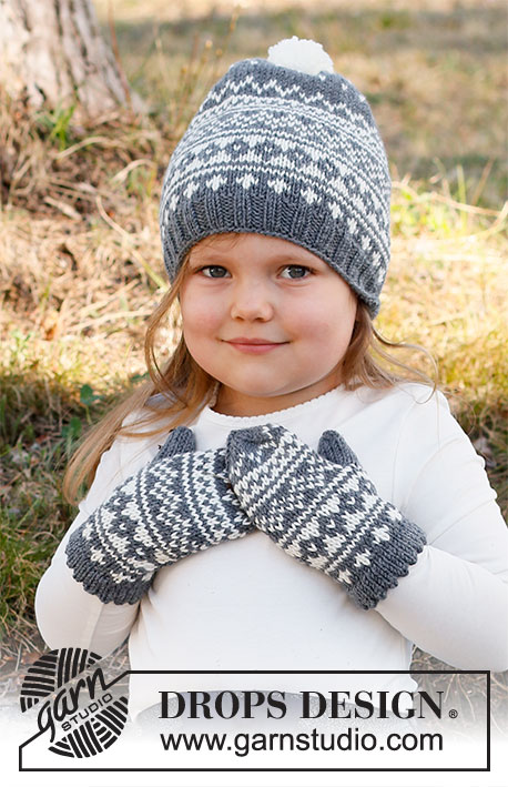 North Star Set / DROPS Children 37-3 - Dětská čepice a rukavice – palčáky s norským vzorem pletené z příze DROPS Merino Extra Fine. Velikost 2 – 12 let.