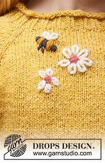 Bee Season Jumper / DROPS Children 40-1 - Pull enfant tricoté de haut en bas en DROPS Soft Tweed, avec emmanchures raglan, abeille et fleurs brodées. Du 3 au 14 ans.