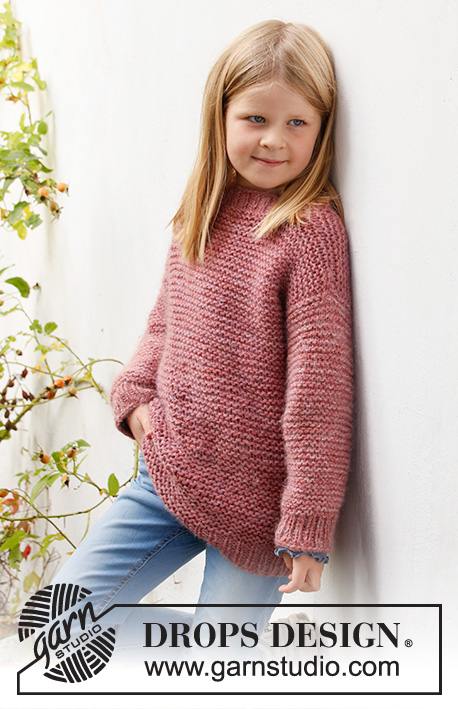 Lovely Camellia / DROPS Children 40-11 - Knitted sweater for children in DROPS Nepal and DROPS Kid-Silk. The piece is worked in garter stitch with ribbed edges. Sizes 3 to 14 years.