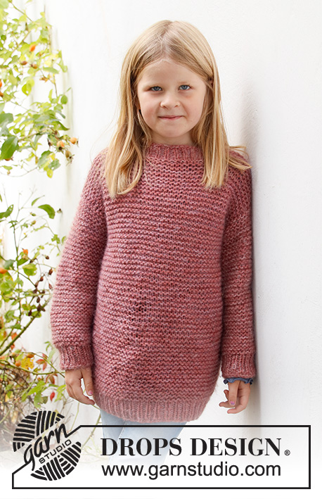 Lovely Camellia / DROPS Children 40-11 - Knitted jumper for children in DROPS Nepal and DROPS Kid-Silk. The piece is worked in garter stitch with ribbed edges. Sizes 3 to 14 years.