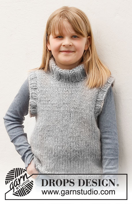 Smooth Stone Vest / DROPS Children 40-23 - Colete tricotado para criança em DROPS Wish. Tricota-se totalmente em ponto meia, com orlas em canelado e gola alta dobrada. Tamanhos: 2 - 12 anos.