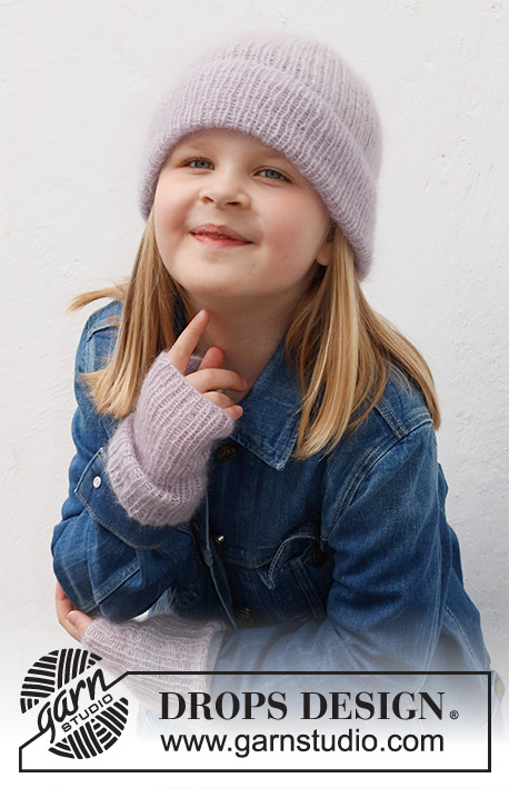 Sweet Attitude / DROPS Children 40-27 - Stickad mössa och pulsvärmare till barn i 2 trådar DROPS Kid-Silk i resår.
Storlek 2 - 12 år. 

