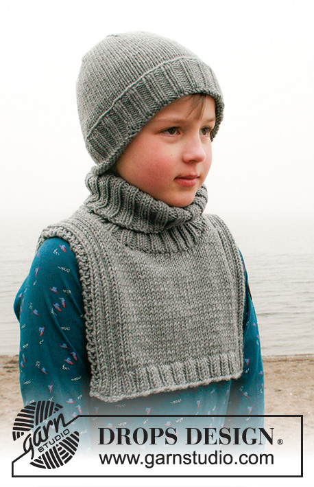 Little Trekker / DROPS Children 40-32 - Bonnet et plastron pour enfant tricotés en jersey, avec bordures en côtes, en DROPS Big Merino. Du 2 au 12 ans.