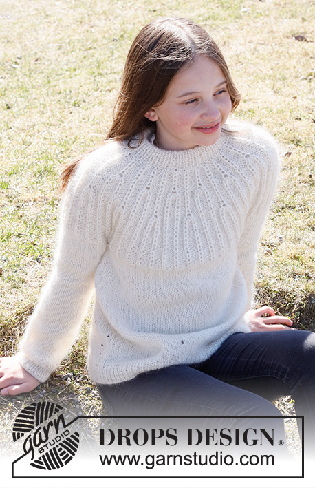Forest Vines Kids / DROPS Children 40-7 - Knitted sweater for children in DROPS Alpaca and DROPS Kid-Silk. The piece is worked top down with double neck, round yoke and textured pattern with stitches in Fisherman’s rib on the yoke. Sizes 2 to 12 years.