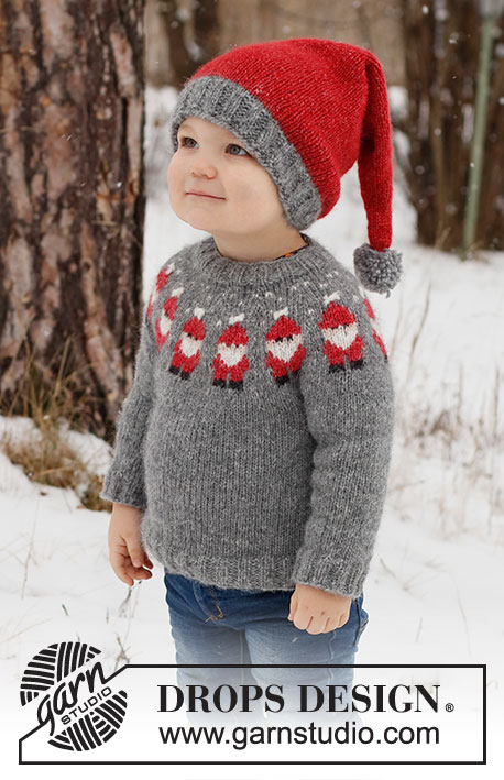 Merry Santas / DROPS Children 41-1 - DROPS Air lõngast ülevalt alla kootud päkapikkude mustriga ümara passega džemper ja alt üles kootud päkapiku müts 2 kuni 14 aastasele lapsele 
Teema: jõuludeks