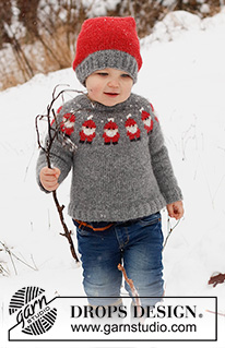 Merry Santas / DROPS Children 41-1 - Kötött pulóver és sapka gyerekeknek, DROPS Air fonalból. A pulóvert fentről lefelé irányban készítjük, kerek vállrésszel, és mikulásmintával. A sapkát körben, az aljától felfelé haladva kötjük. 2 - 14 éveseknek való méretekben Téma: Karácsony
