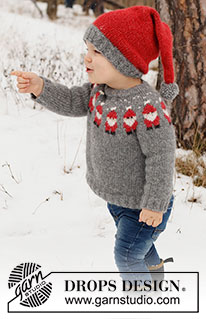 Merry Santas / DROPS Children 41-1 - Strikket genser / julegenser og lue / nisselue til barn i DROPS Air. Genseren strikkes ovenfra og ned, med rundfelling og julenisse mønster. Luen strikkes i glattstrikk med vrangbord. Størrelse 2 - 14 år. Tema: Jul.