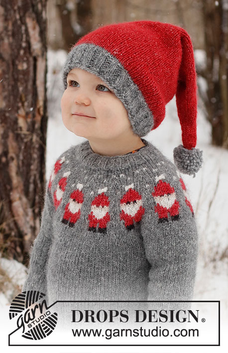 Merry Santas / DROPS Children 41-1 - Pulôver e gorro para criança tricotados em DROPS Air. O pulôver tricota-se de cima para baixo com encaixe arredondado e jacquard de Pai Natal. O gorro tricota-se em redondo, de cima para baixo. Tamanhos: 2 - 14 anos. Tema: Natal.