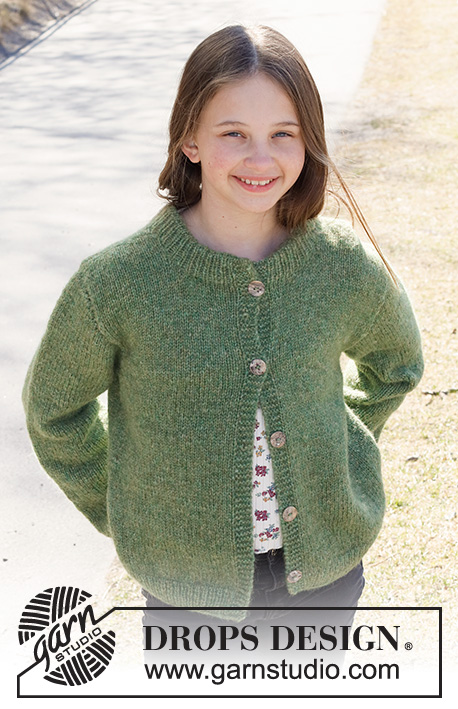 Fresh Lime Jacket / DROPS Children 41-11 - Knitted jacket in DROPS Air. The piece is worked with double neck. Sizes 2 – 12 years.