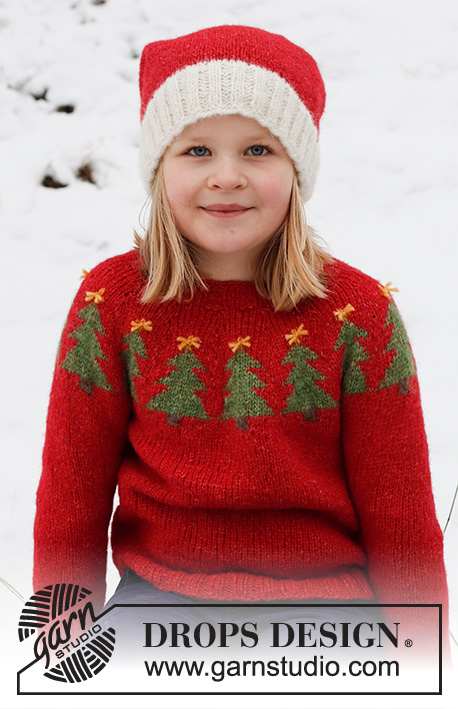 Merry Trees / DROPS Children 41-17 - Knitted sweater and hat for children in DROPS Air. The sweater is worked top down with round yoke and Christmas tree pattern. The hat is worked in the round, bottom up. Sizes 2 - 14 years. Theme: Christmas.