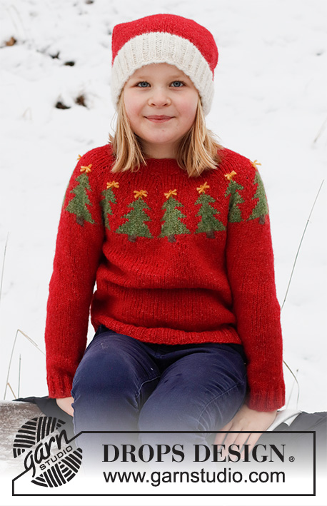 Merry Trees / DROPS Children 41-17 - Knitted Christmas jumper and hat for children in DROPS Air. The jumper is worked top down with round yoke and Christmas tree pattern. The hat is worked in the round, bottom up. Sizes 2 - 14 years. Theme: Christmas.