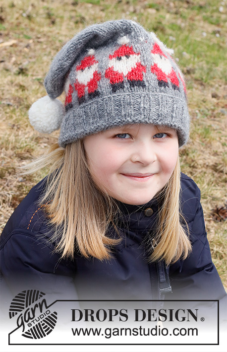 Merry Santas Hat / DROPS Children 41-18 - Dětská špičatá čepice s norským vzorem s vánočními skřítky a bambulí pletená z příze DROPS Air. Velikost 3 – 14 let. Motiv: Vánoce.