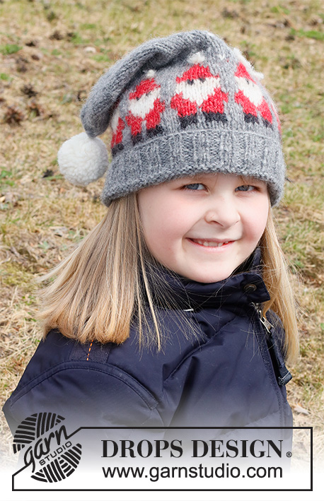 Merry Santas Hat / DROPS Children 41-18 - Dětská špičatá čepice s norským vzorem s vánočními skřítky a bambulí pletená z příze DROPS Air. Velikost 3 – 14 let. Motiv: Vánoce.