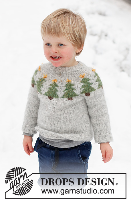 Merry Trees / DROPS Children 41-2 - Knitted Christmas jumper for children in DROPS Air. The jumper is worked top down with round yoke and Christmas tree pattern. Sizes 2 - 14 years. Theme: Christmas.