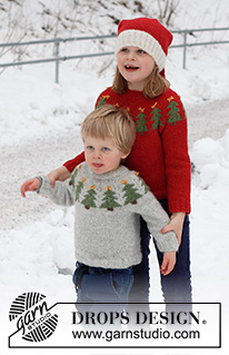 Merry Trees / DROPS Children 41-2 - Pull de Noël pour enfant tricoté de haut en bas avec empiècement arrondi et jacquard sapin de Noël, en DROPS Air. Du 2 au 14 ans. Thème: Noël.