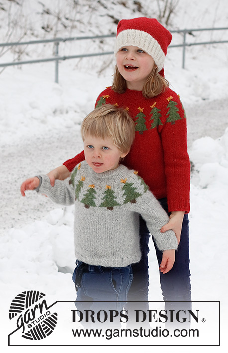 Merry Trees / DROPS Children 41-2 - Pull de Noël pour enfant tricoté de haut en bas avec empiècement arrondi et jacquard sapin de Noël, en DROPS Air. Du 2 au 14 ans. Thème: Noël.