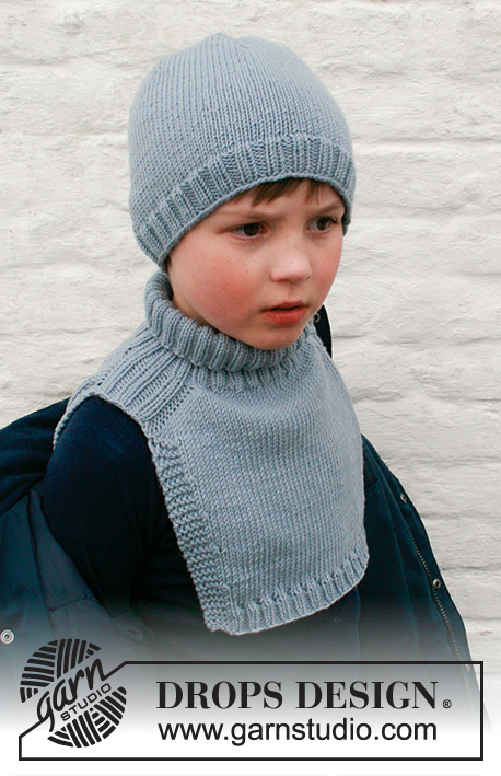 Mister Chill / DROPS Children 41-26 - Knitted hat and neck warmer for kids in DROPS Merino Extra Fine. Piece is knitted in stocking stitch with edges in rib and increase for saddle shoulder. Size 2 to 12 years