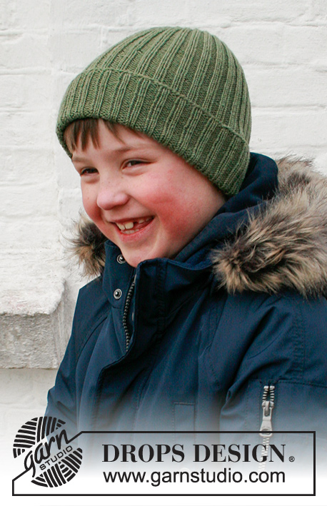 Winter Fun / DROPS Children 41-27 - Bonnet enfant tricoté en DROPS BabyMerino. Se tricote en côtes avec revers. Du 2 au 12 ans