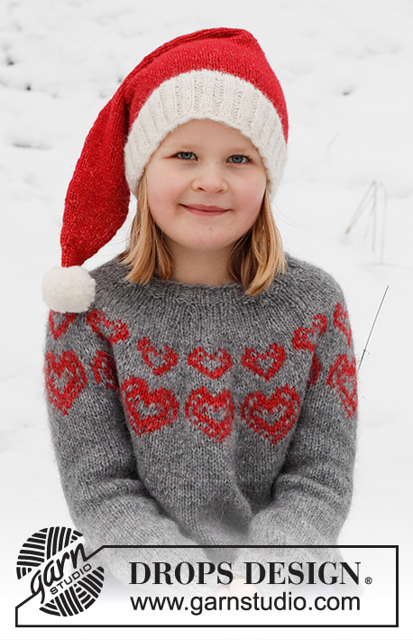 Merry Hearts / DROPS Children 41-3 - DROPS Air lõngast ülevalt alla kootud südamete mustriga ümara passega džemper ja alt üles kootud päkapiku müts 2 kuni 14 aastasele lapsele 
Teema: jõuludeks