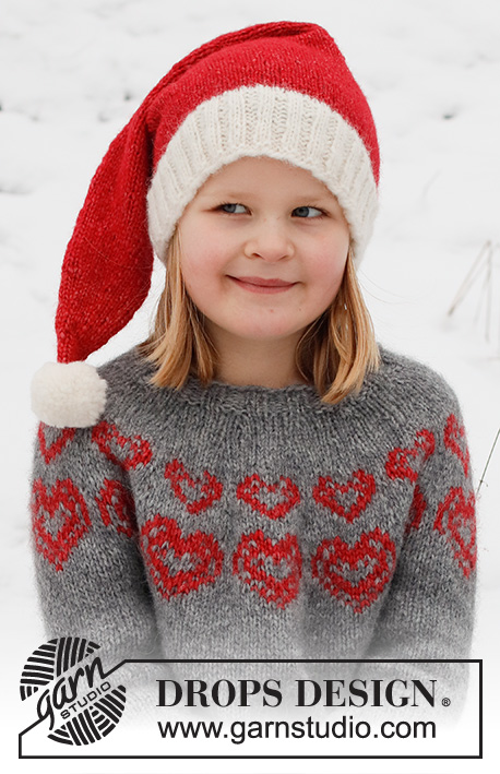 Merry Hearts / DROPS Children 41-3 - Knitted sweater and hat for children in DROPS Air. The sweater is worked top down with round yoke and heart pattern. The hat is worked in the round, bottom up. Sizes 2 - 14 years. Theme: Christmas.