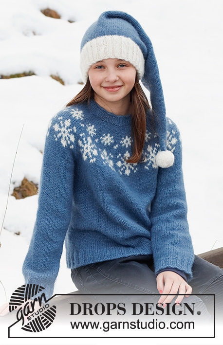 Merry Stars / DROPS Children 41-4 - Pulôver e gorro tricotados para criança em DROPS Air. O pulôver tricota-se de cima para baixo com encaixe arredondado e jacquard de flocos de neve. O gorro tricota-se em redondo, de cima para baixo. Tamanhos: 2 - 14 anos. Tema: Natal.