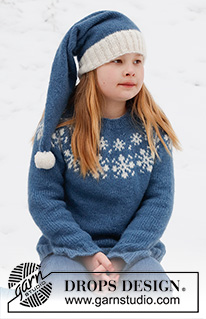 Merry Stars / DROPS Children 41-4 - Pulôver e gorro tricotados para criança em DROPS Air. O pulôver tricota-se de cima para baixo com encaixe arredondado e jacquard de flocos de neve. O gorro tricota-se em redondo, de cima para baixo. Tamanhos: 2 - 14 anos. Tema: Natal.