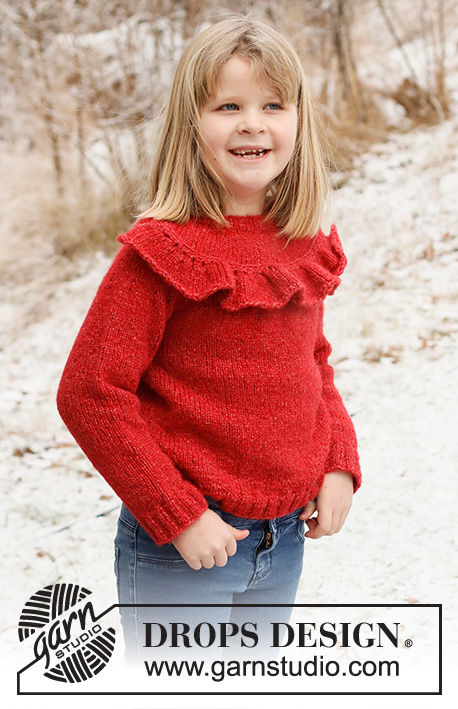 Red Hibiscus / DROPS Children 41-5 - Strikket genser til barn i DROPS Air. Arbeidet strikkes ovenfra og ned med rundfelling og rysje. Størrelse 3 – 12 år.
