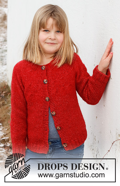 Red Hibiscus Jacket / DROPS Children 41-6 - Strikket jakke til barn i DROPS Air. Arbeidet strikkes ovenfra og ned med rundfelling. Størrelse 3 – 12 år.