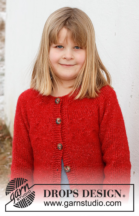 Red Hibiscus Jacket / DROPS Children 41-6 - Dětský propínací svetr s kruhovým sedlem pletený shora dolů z příze DROPS Air. Velikost 3 – 12 let.