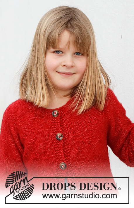 Red Hibiscus Jacket / DROPS Children 41-6 - Dětský propínací svetr s kruhovým sedlem pletený shora dolů z příze DROPS Air. Velikost 3 – 12 let.