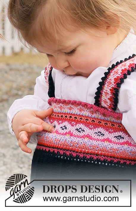 Hipp Hipp Hurra Dress / DROPS Children 44-1 - Dětské a baby šaty/šatová sukně s norským vzorem pletené shora dolů z příze DROPS Baby Merino. Velikost 6 měsíců – 6 let.