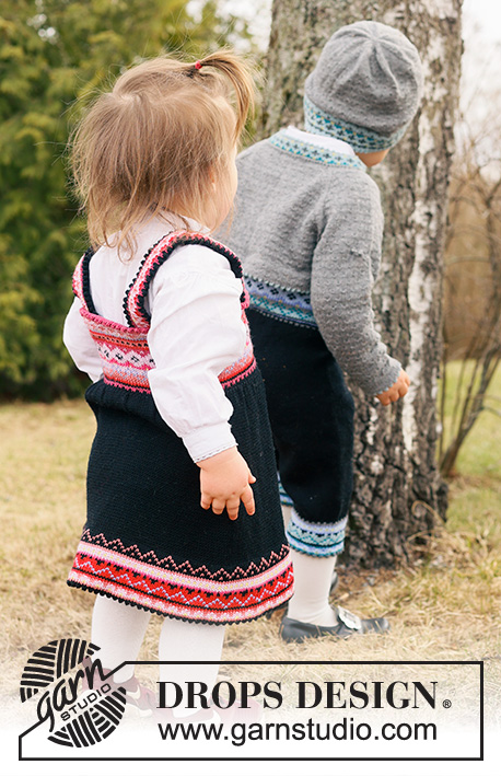 Hipp Hipp Hurra Dress / DROPS Children 44-1 - Dětské a baby šaty/šatová sukně s norským vzorem pletené shora dolů z příze DROPS Baby Merino. Velikost 6 měsíců – 6 let.