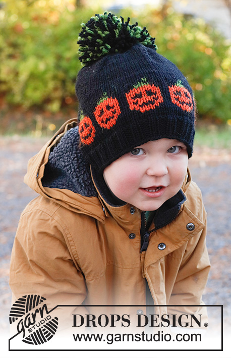 Pumpkin Bits Hat / DROPS Children 44-10 - Gorro tricotado para criança com jacquard de abóboras, em DROPS Nepal. Tamanhos : 2 - 12 anos. Tema: Halloween.