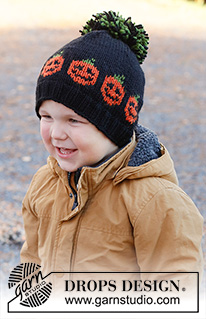 Pumpkin Bits Hat / DROPS Children 44-10 - Stickad mössa till barn med pumpa i DROPS Nepal. Storlek 2 till 12 år. Tema: Halloween.