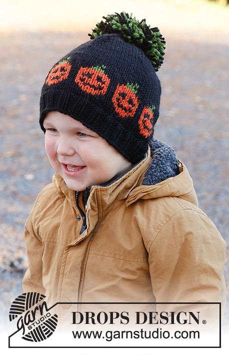 Pumpkin Bits Hat / DROPS Children 44-10 - Gorro tricotado para criança com jacquard de abóboras, em DROPS Nepal. Tamanhos : 2 - 12 anos. Tema: Halloween.