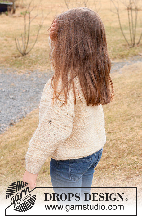 Icing on the Cake / DROPS Children 44-13 - Knitted sweater for children in DROPS Alaska. The piece is worked bottom up with relief-pattern, moss stitch and double neck. Sizes 2 – 12 years.