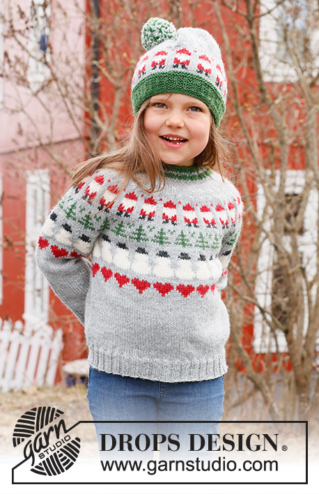 Christmas Time Sweater / DROPS Children 44-14 - Dětský pulovr s kruhovým sedlem s norským vzorem se skřítkem Santou, vánočním stromečkem a srdíčky pletený shora dolů z příze DROPS Karisma. Velikost 2 – 14 let. Motiv: Vánoce.