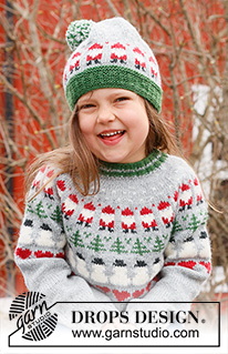 Christmas Time Sweater / DROPS Children 44-14 - Jersey de punto para niños en DROPS Karisma. La pieza está tejida de arriba hacia abajo, con canesú redondo y patrón de jacquard multicolor de Santa, árbol de Navidad y corazón. Tallas 2 – 14 años. Tema: Navidad.